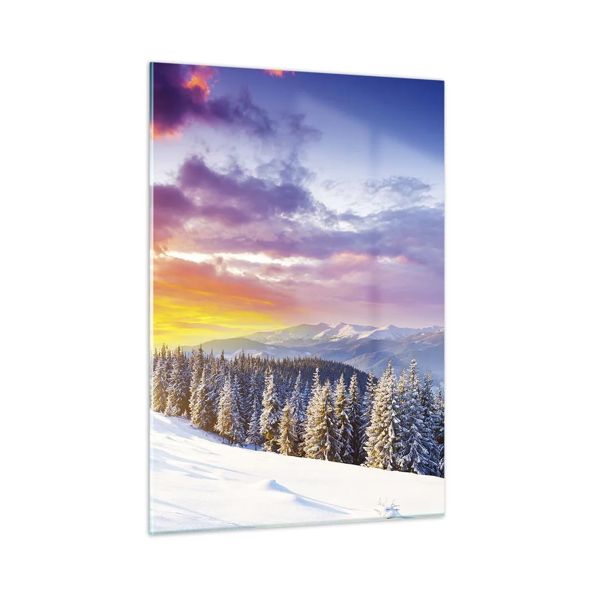 Glasbild - Bild auf glas - Winterliche Berglandschaft mit schneebedeckten Bäumen und buntem Himmel - 50x70cm - Am helllichten Tag - Moderne Wanddekoration für Wohnzimmer und Schlafzimmer ARTTOR