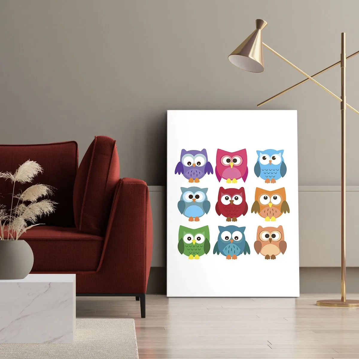 Bild auf Leinwand - Leinwandbild - Bunte Eulenillustrationen im kindlichen Stil - 50x70cm - Es macht Spaß, anders zu sein - Moderne Wanddekoration für Wohnzimmer und Schlafzimmer ARTTOR