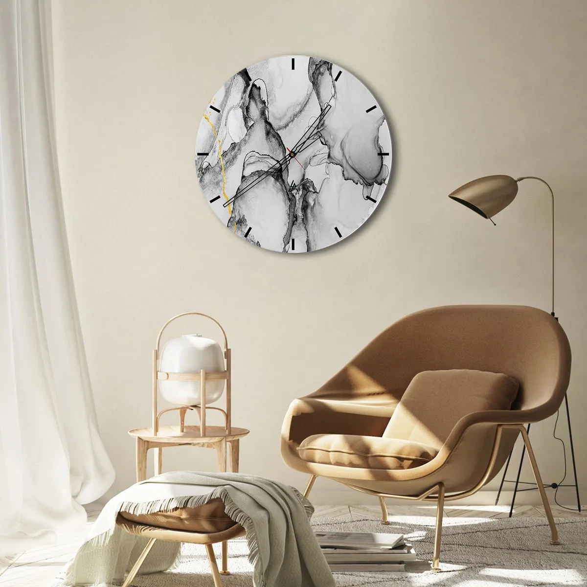 Wanduhr - Glasuhr - Eine abstrakte Komposition in Grautönen mit einem Hauch von Gold. - 30x30cm - Komposition mit Goldmotiv - Moderne Wanddekoration für Wohnzimmer, Küche und Schlafzimmer ARTTOR