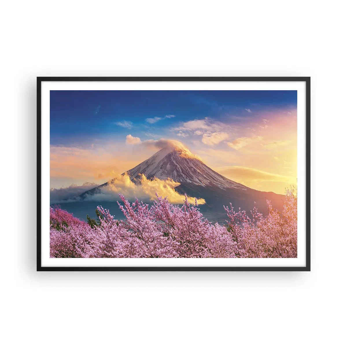 Poster in einem schwarzem Rahmen - Mount Fuji mit Kirschblüten im Hintergrund bei Sonnenuntergang - 100x70cm - Japanische Heiligkeit - Moderne Wanddekoration für Wohnzimmer und Schlafzimmer ARTTOR