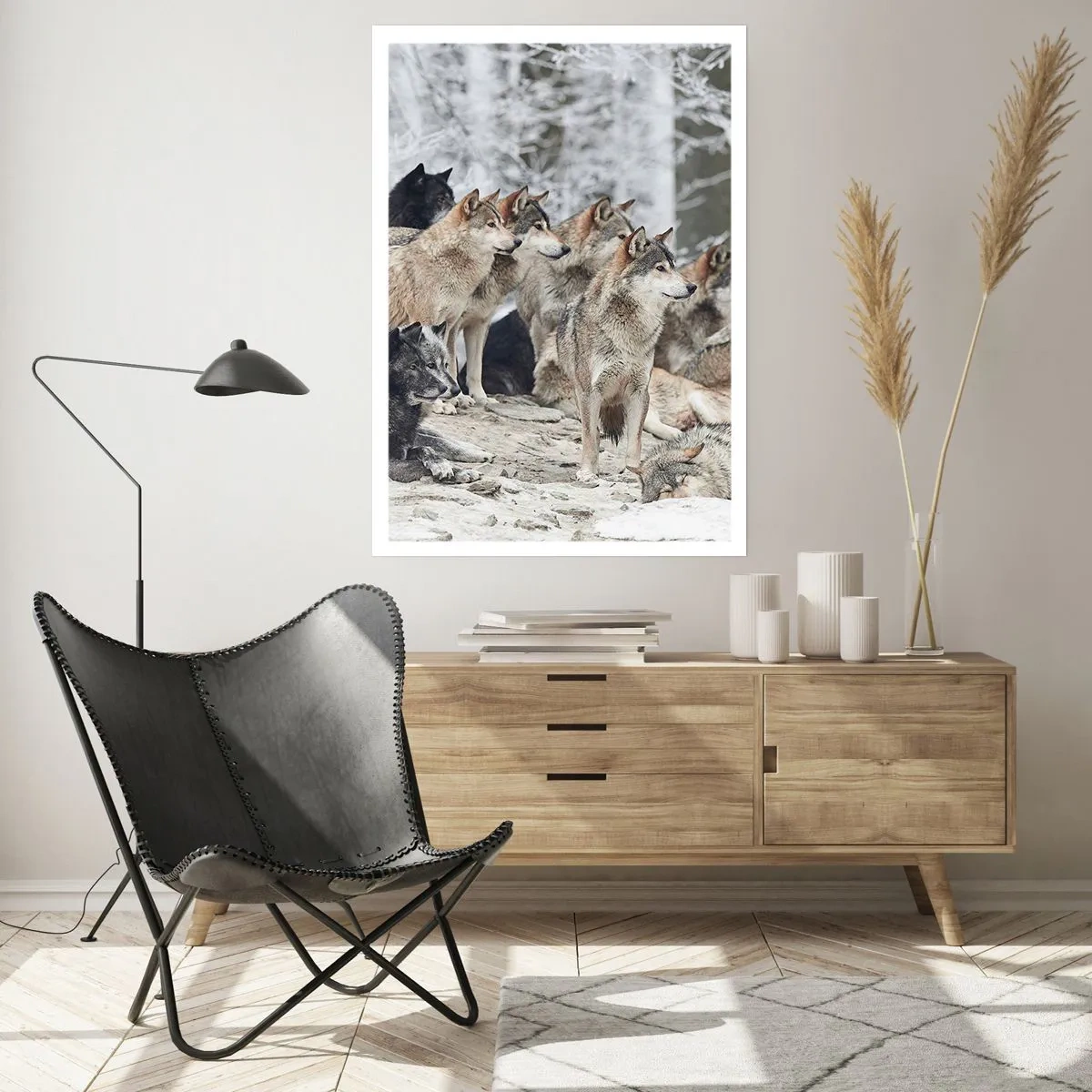 Poster - Eine Gruppe Wölfe im Winterwald - 50x70cm - Familie und Freunde - Moderne Wanddekoration für Wohnzimmer und Schlafzimmer ARTTOR