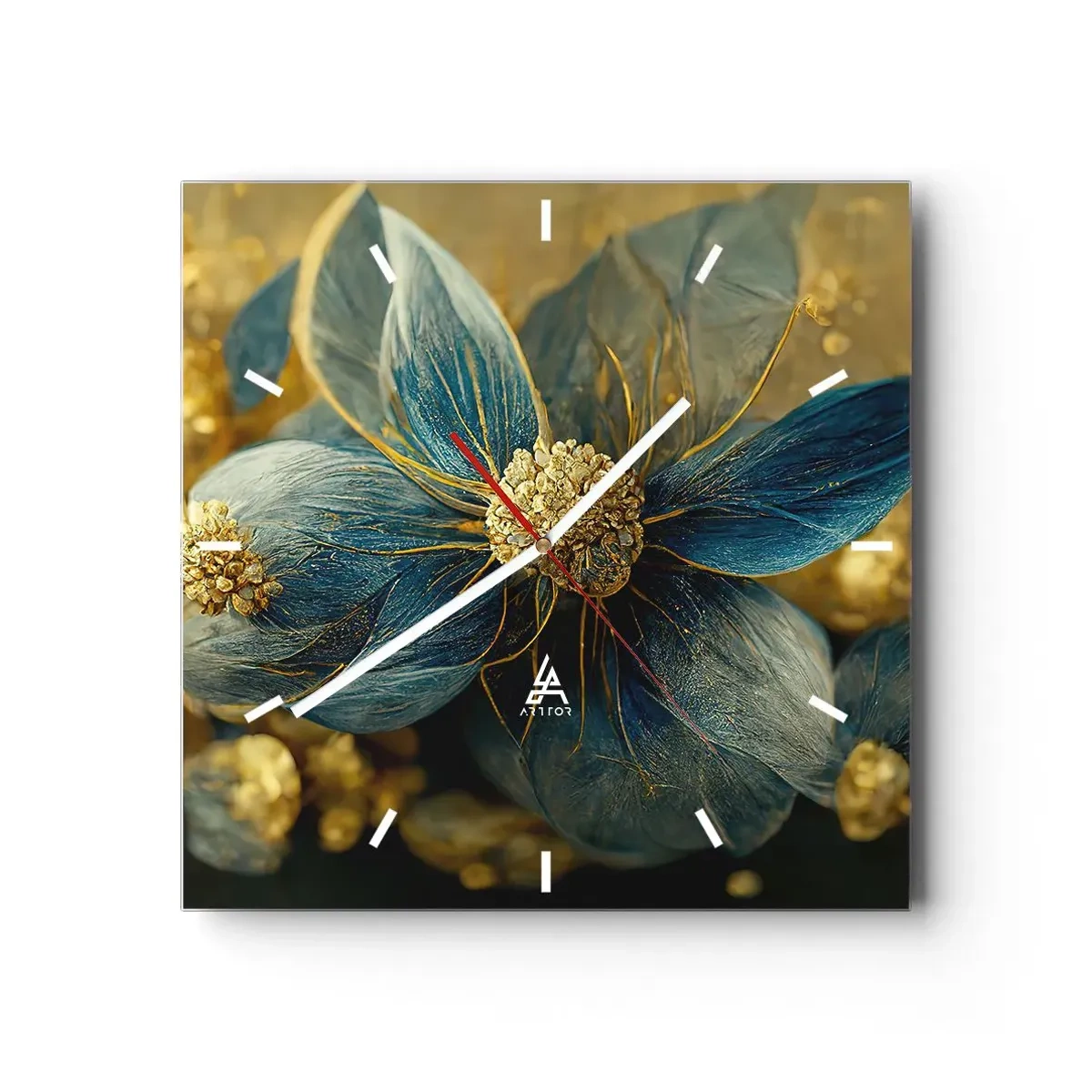 Wanduhr - Glasuhr - Elegante Blumen in Blau- und Goldtönen - 30x30cm - Mit Gold blühen - Moderne Wanddekoration für Wohnzimmer und Schlafzimmer ARTTOR
