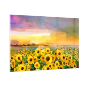 Glasbild - Bild auf glas - Ein Sonnenblumenfeld im Licht der untergehenden Sonne - 100x70cm - Die Sonne selbst ist auf die Erde herabgestiegen - Moderne Wanddekoration für Wohnzimmer und Schlafzimmer ARTTOR