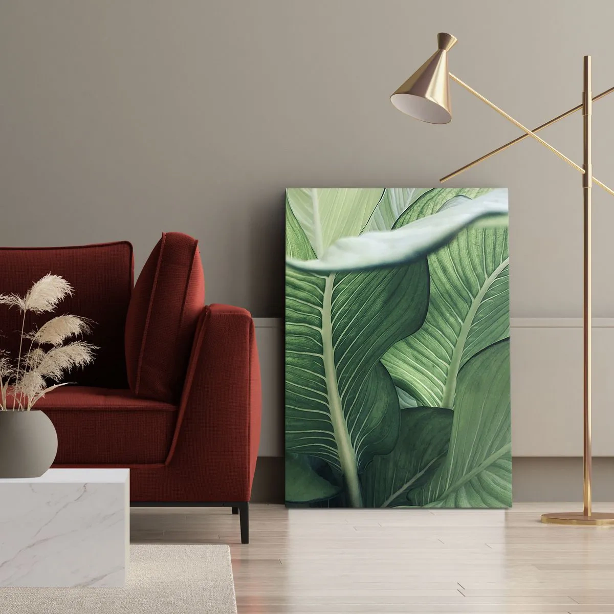 Bild auf Leinwand - Leinwandbild - Grüne Blätter mit ausdrucksstarken Details und Struktur - 50x70cm - Intensiv grünes Leben - Moderne Wanddekoration für Wohnzimmer und Schlafzimmer ARTTOR
