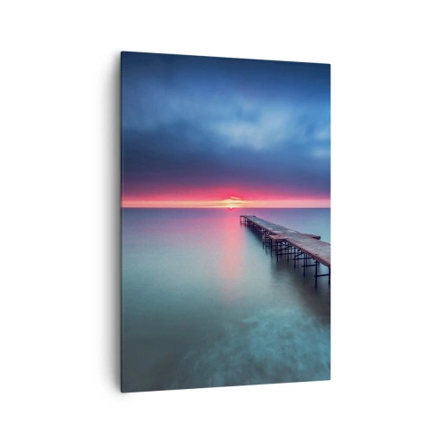 Bild auf Leinwand - Leinwandbild - Ein Holzsteg, der bei Sonnenuntergang direkt aufs Meer hinausführt - 70x100cm - Zwischen Himmel und Erde - Moderne Wanddekoration für Wohnzimmer und Schlafzimmer ARTTOR