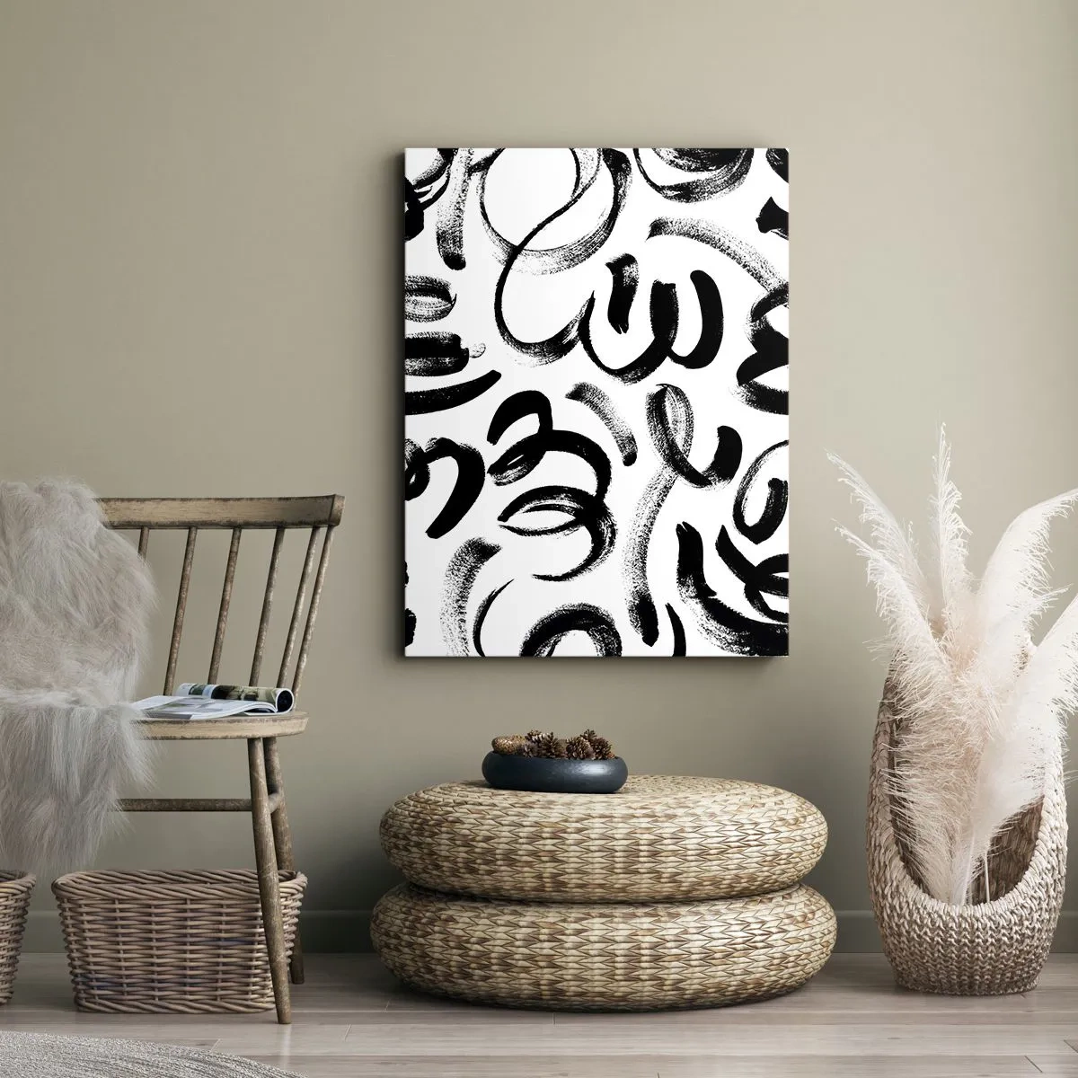 Bild auf Leinwand - Leinwandbild - Schwarze abstrakte Pinselstriche auf weißem Hintergrund - 50x70cm - Schwarz auf Weiß - Moderne Wanddekoration für Wohnzimmer und Schlafzimmer ARTTOR