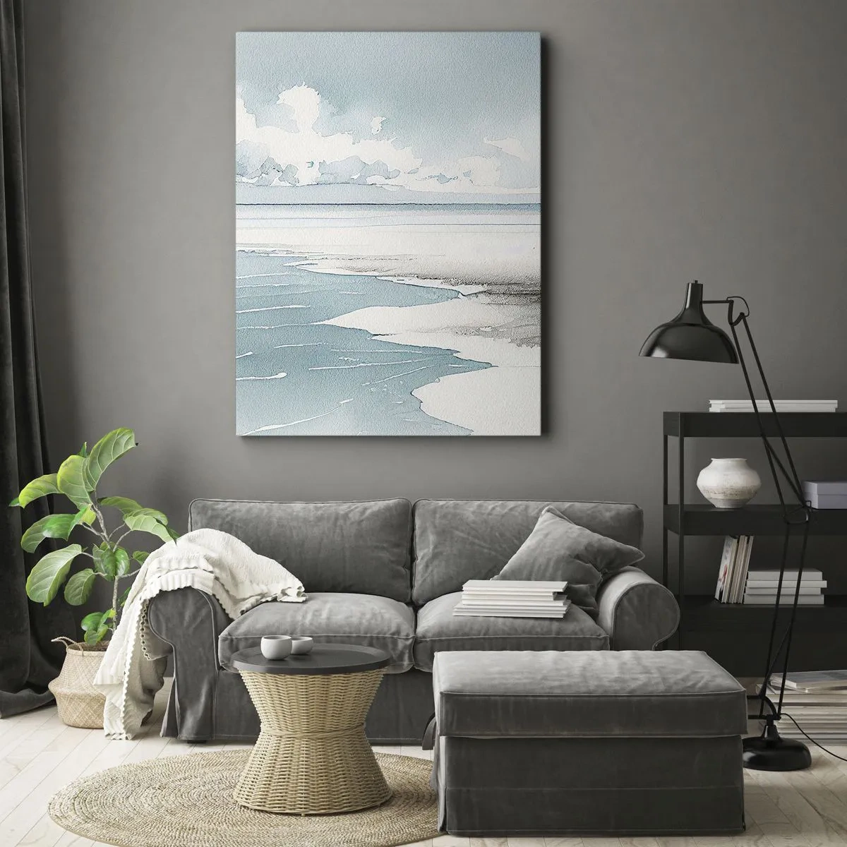 Bild auf Leinwand - Leinwandbild - Ruhiges Meer und Strand in hellen Blautönen - 80x120cm - Sanfte Flut - Moderne Wanddekoration für Wohnzimmer und Schlafzimmer ARTTOR
