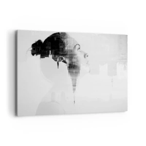 Bild auf Leinwand - Leinwandbild - Porträt einer Frau mit den Umrissen einer Stadt im Hintergrund, schwarz-weiße Farben - 120x80cm - Auf beiden Seiten des Glases - Moderne Wanddekoration für Wohnzimmer und Schlafzimmer ARTTOR