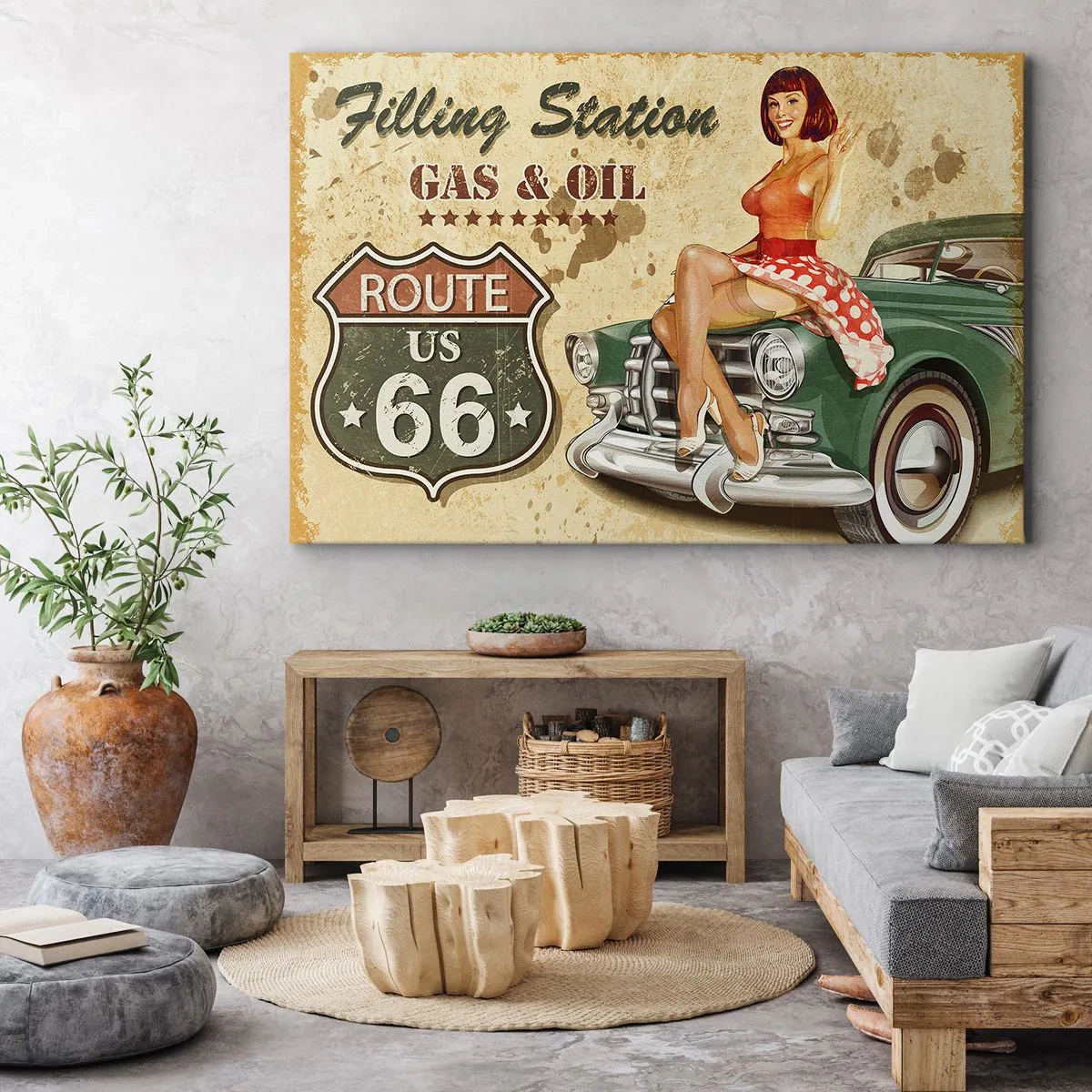 Bild auf Leinwand - Leinwandbild - Retro-Route 66-Poster mit Pin-up-Girl und Auto - 70x50cm - Die großen Jahre der 40er. - Moderne Wanddekoration für Wohnzimmer und Schlafzimmer ARTTOR
