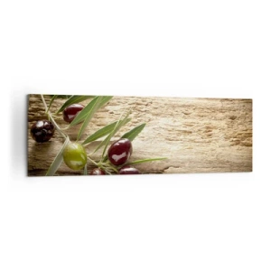 Bild auf Leinwand - Leinwandbild - Olivenzweig mit Früchten auf einem Hintergrund aus gealtertem Holz - 160x50cm - Direkt aus der Natur - Moderne Wanddekoration für Wohnzimmer und Schlafzimmer ARTTOR