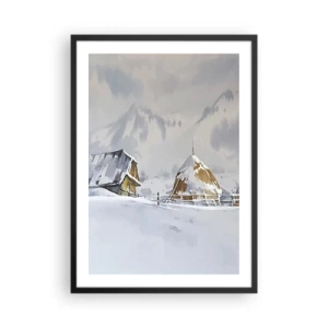 Poster in einem schwarzem Rahmen - Winterlandschaft mit Hütte und Heuhaufen in den Bergen - 50x70cm - In einem verschneiten Talkessel - Moderne Wanddekoration für Wohnzimmer und Schlafzimmer ARTTOR