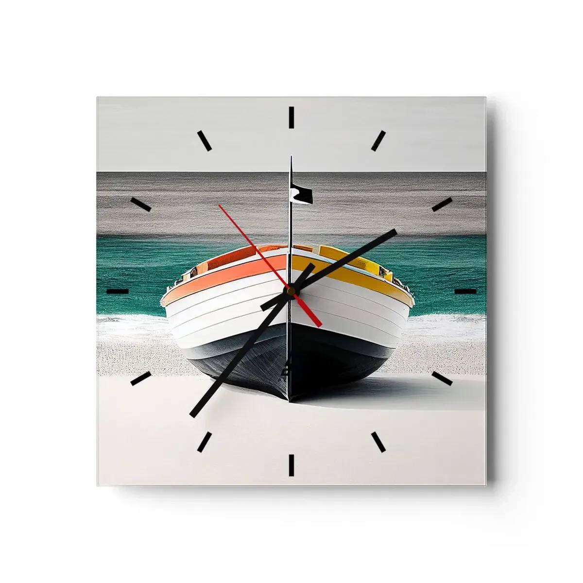 Wanduhr - Glasuhr - Ein Boot am Strand mit türkisfarbenem Meer im Hintergrund - 30x30cm - An seinem Platz - Moderne Wanddekoration für Wohnzimmer und Schlafzimmer ARTTOR