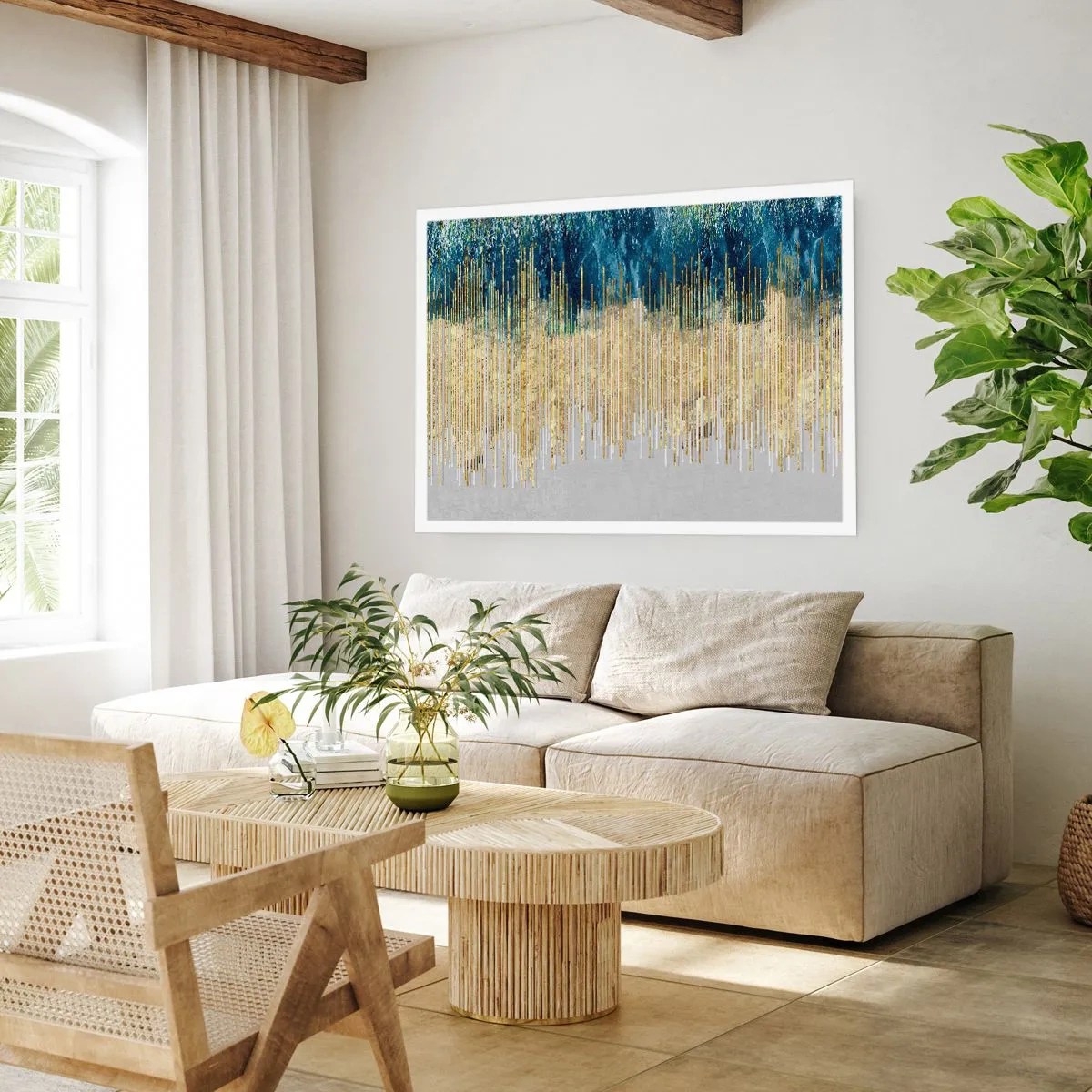 Poster - Goldene Linien vor einem Hintergrund aus marineblauer und grauer Abstraktion - 100x70cm - Vergoldete Grenze - Moderne Wanddekoration für Wohnzimmer und Schlafzimmer ARTTOR