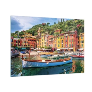 Glasbild - Bild auf glas - Bunte Gebäude am Hafen in einer malerischen Stadt - 100x70cm - Italienischer Morgen - Moderne Wanddekoration für Wohnzimmer und Schlafzimmer ARTTOR