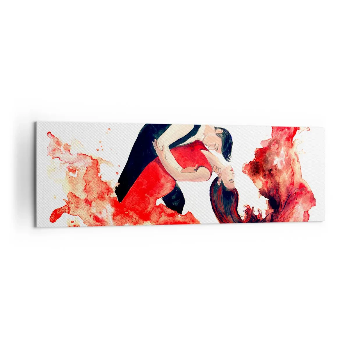 Bild auf Leinwand - Leinwandbild - Ein dynamisches Aquarellgemälde eines tanzenden Paares in roten Farben. - 160x50cm - Tango - eine sinnliche Welle - Moderne Wanddekoration für Wohnzimmer und Schlafzimmer ARTTOR