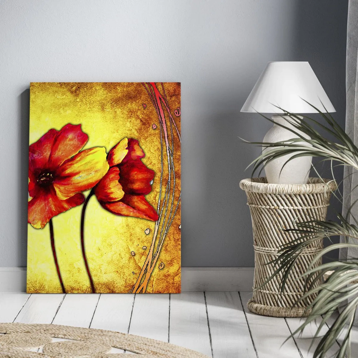 Bild auf Leinwand - Leinwandbild - Rote und gelbe Blumen auf goldenem Hintergrund mit dekorativen Mustern - 50x70cm - In Jugendstil-Dekorationen - Moderne Wanddekoration für Wohnzimmer und Schlafzimmer ARTTOR