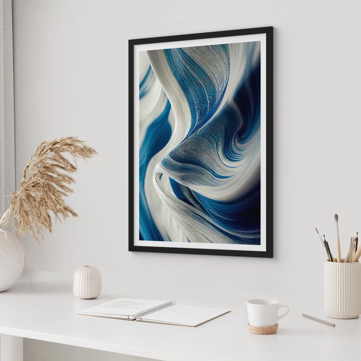Poster in einem schwarzem Rahmen - Abstrakte Wellen in Marineblau- und Weißtönen - 50x70cm - Fließfähigkeit von Blau und Weiß - Moderne Wanddekoration für Wohnzimmer und Schlafzimmer ARTTOR