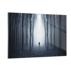 Glasbild - Bild auf glas - Eine Figur in einem dunklen Wald mit Nebel im Hintergrund - 120x80cm - Alles einfach und übersichtlich - Moderne Wanddekoration für Wohnzimmer und Schlafzimmer ARTTOR