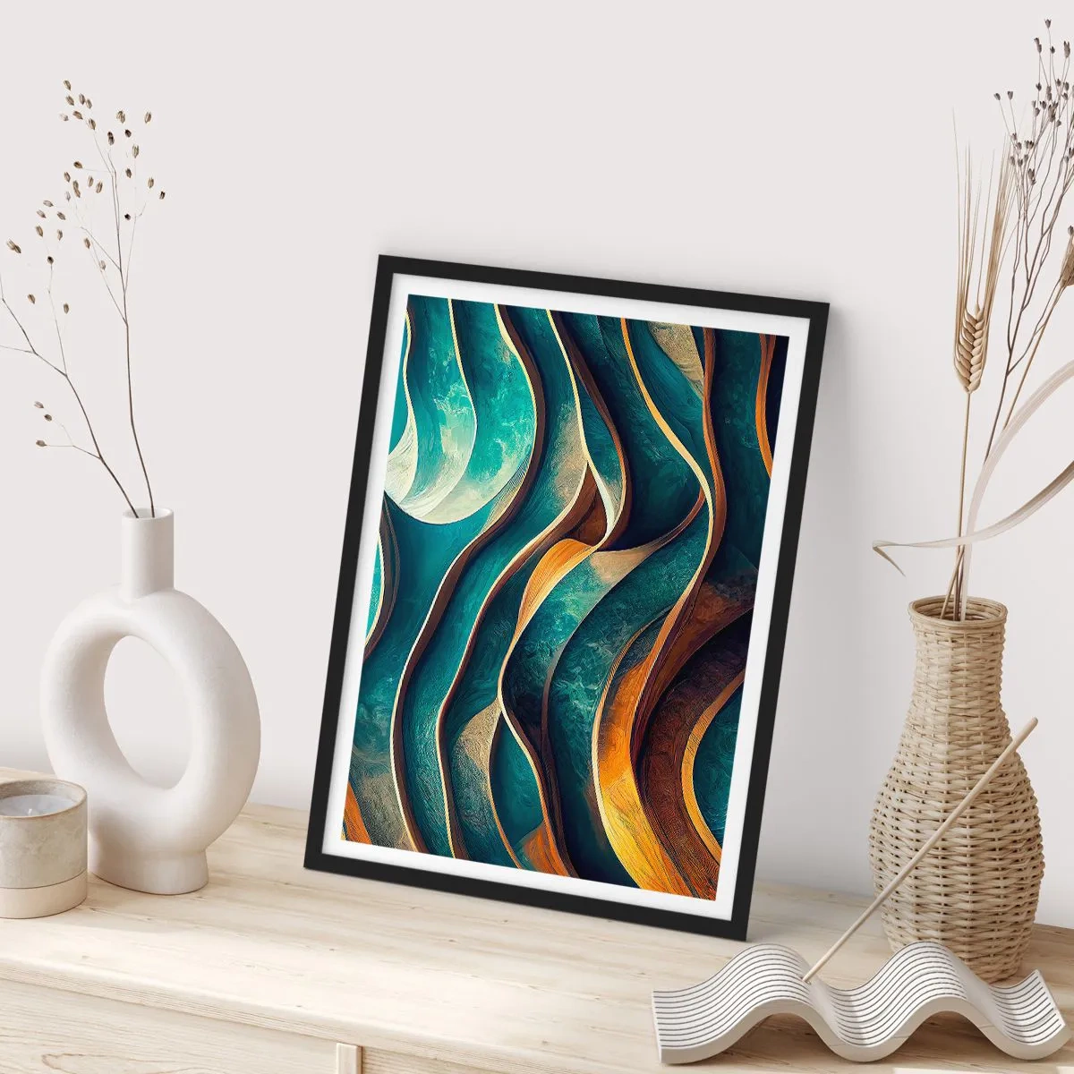 Poster in einem schwarzem Rahmen - Eine abstrakte Komposition aus wellenförmigen Formen in Türkistönen. - 50x70cm - Blaue Mäander - Moderne Wanddekoration für Wohnzimmer und Schlafzimmer ARTTOR