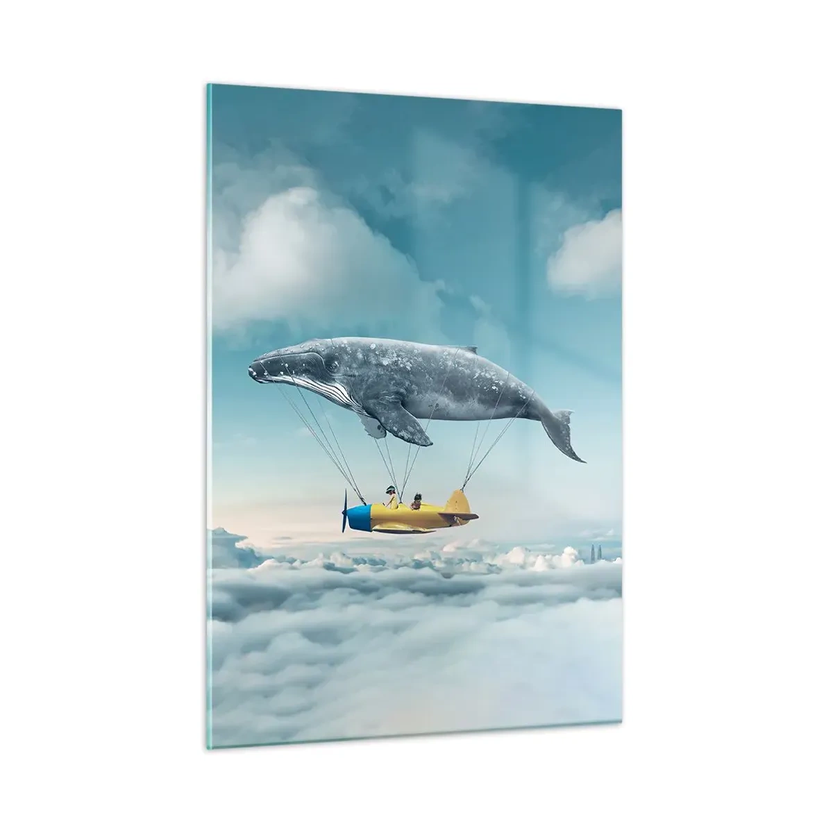 Glasbild - Bild auf glas - In einer surrealen Umgebung hebt ein Wal ein Flugzeug über die Wolken. - 50x70cm - Warum nicht? - Moderne Wanddekoration für Wohnzimmer und Schlafzimmer ARTTOR