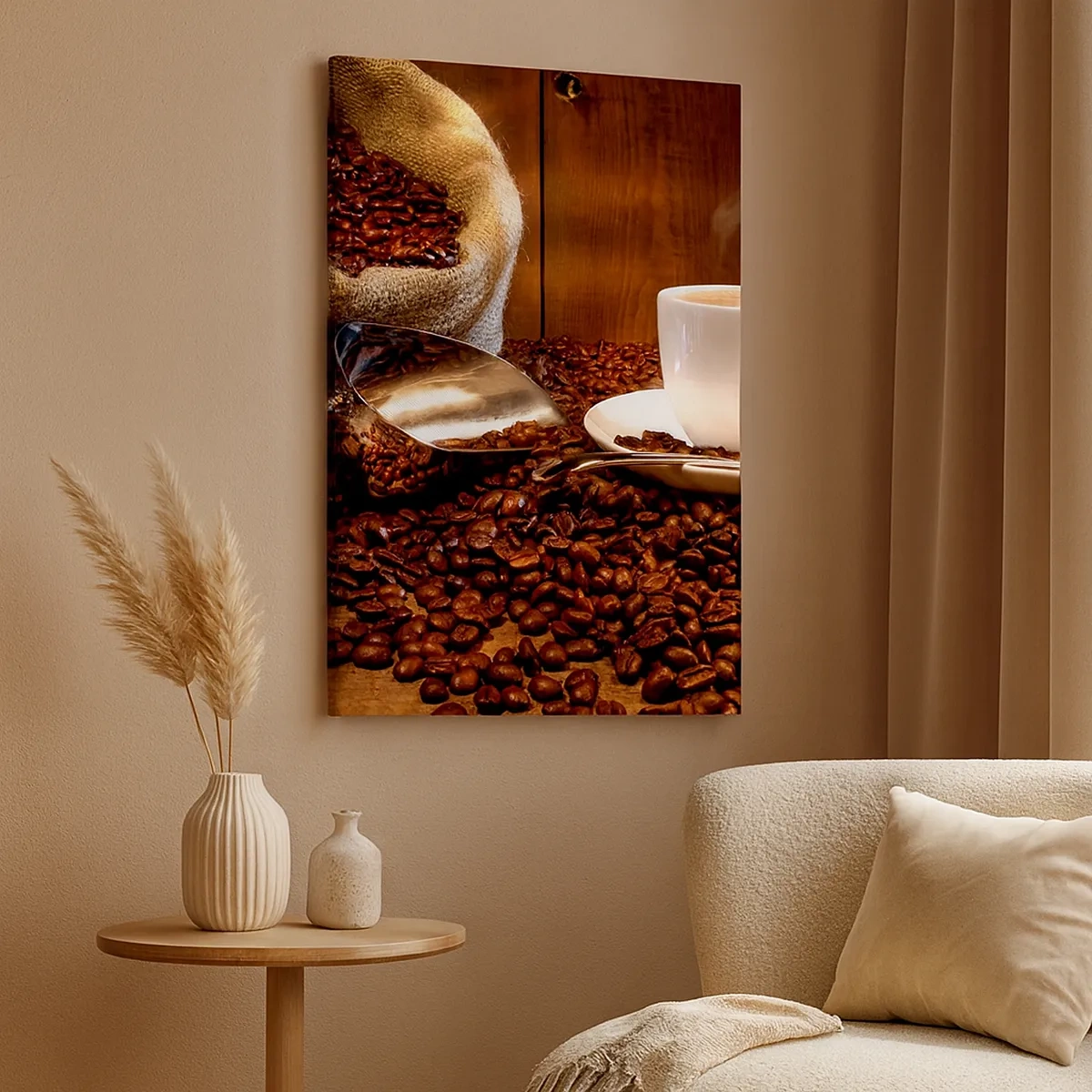 Bild auf Leinwand - Leinwandbild - Eine Tasse Kaffee mit Kaffeebohnen und einem Getreidesack im Hintergrund - 50x70cm - Fühlst du diesen Geruch? - Moderne Wanddekoration für Wohnzimmer und Schlafzimmer ARTTOR