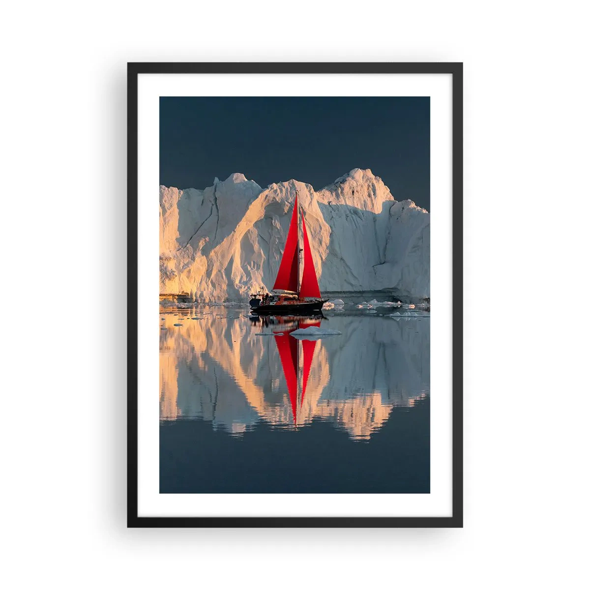 Poster in einem schwarzem Rahmen - Das rote Segel eines Bootes vor der Kulisse von Gletschern und ruhigem Wasser - 50x70cm - Am Rande der Welt - Moderne Wanddekoration für Wohnzimmer und Schlafzimmer ARTTOR