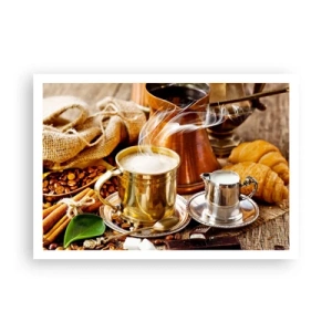Poster - Eine goldene Tasse Kaffee, umgeben von Bohnen, Krügen und Croissants - 100x70cm - Schönen Tag noch! - Moderne Wanddekoration für Wohnzimmer und Schlafzimmer ARTTOR