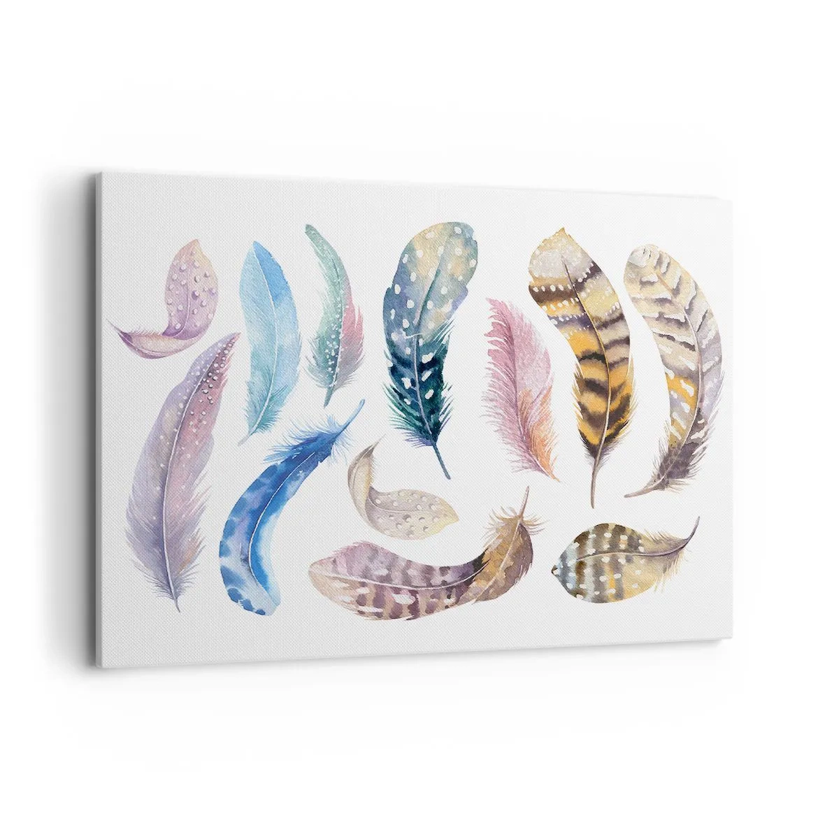 Bild auf Leinwand - Leinwandbild - Bunte Federn im zarten Aquarell-Stil - 100x70cm - Hell, bunt und bunt - Moderne Wanddekoration für Wohnzimmer und Schlafzimmer ARTTOR