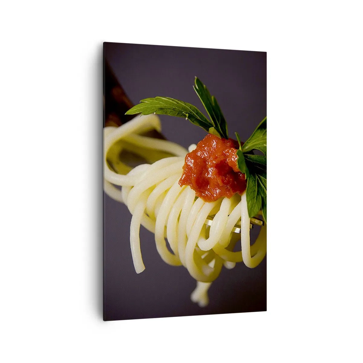 Bild auf Leinwand - Leinwandbild - Spaghetti auf einer Gabel mit Tomatensauce und Petersilie - 80x120cm - Ein leckerer Bissen - Moderne Wanddekoration für Wohnzimmer und Schlafzimmer ARTTOR