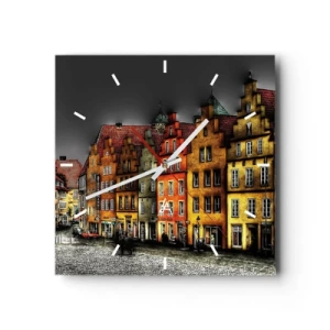 Wanduhr - Glasuhr - Bunte Mietshäuser auf einer Kopfsteinpflasterstraße in der historischen Stadt - 30x30cm - Es fehlt nur noch ein verzaubertes Taxi - Moderne Wanddekoration für Wohnzimmer und Schlafzimmer ARTTOR