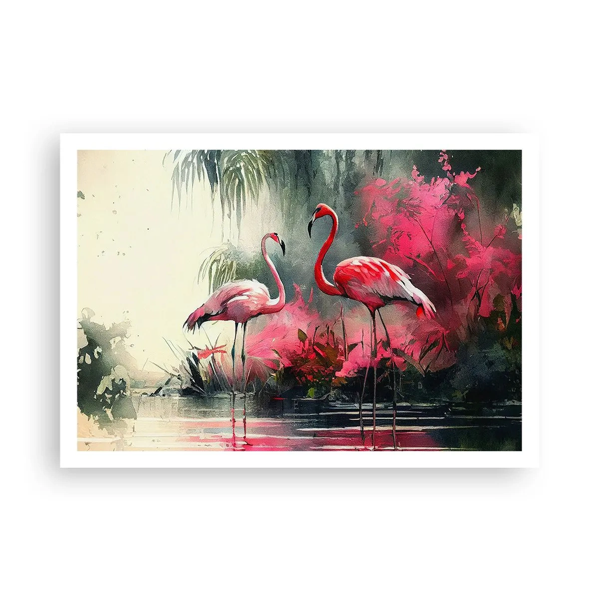 Poster - Flamingos am Wasser, umgeben von Vegetation - 100x70cm - Lektion in natürlicher Anmut - Moderne Wanddekoration für Wohnzimmer und Schlafzimmer ARTTOR