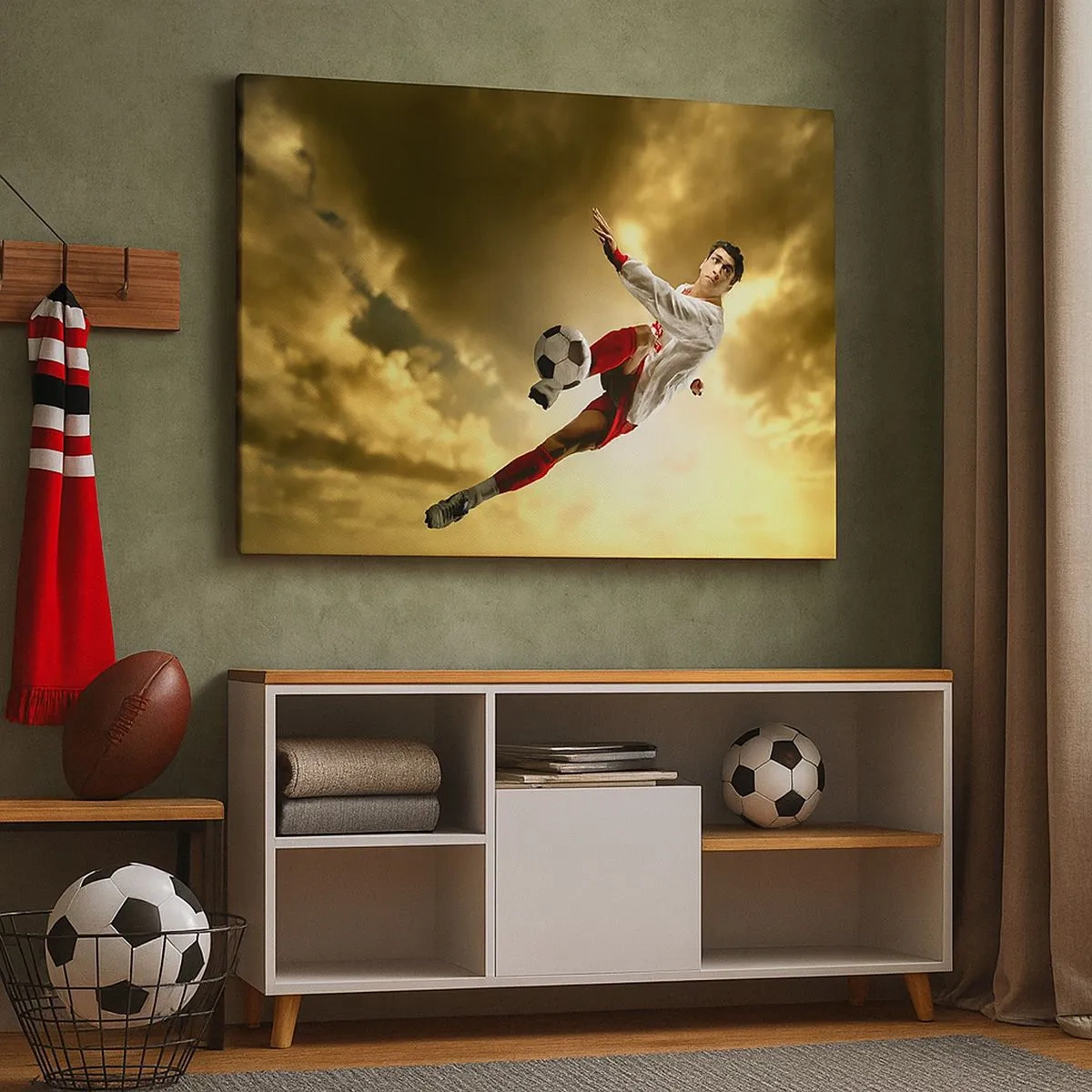 Bild auf Leinwand - Leinwandbild - Ein Fußballspieler in einem dynamischen Sprung kickt den Ball in den Himmel - 70x50cm - Fußballhimmel - Moderne Wanddekoration für Wohnzimmer und Schlafzimmer ARTTOR