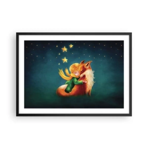 Poster in einem schwarzem Rahmen - Ein Junge mit einem Fuchs in einer magischen Umgebung mit Sternen - 70x50cm - Kleiner Prinz - Moderne Wanddekoration für Wohnzimmer und Schlafzimmer ARTTOR