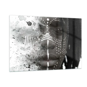 Glasbild - Bild auf glas - Porträt mit Ethno-Muster in Schwarz-Weiß mit Aquarelleffekt - 120x80cm - Entdecke den Urgeist - Moderne Wanddekoration für Wohnzimmer und Schlafzimmer ARTTOR