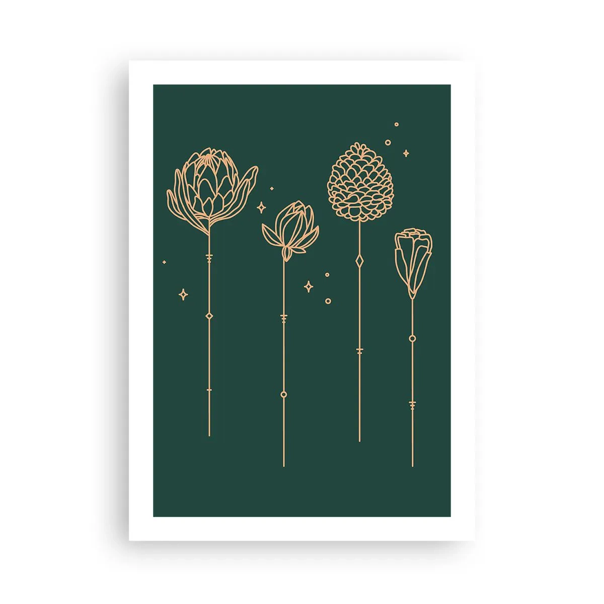 Poster - Goldene Umrisse von Blumen auf dunkelgrünem Hintergrund - 50x70cm - Familie ZIÓŁkowski - Moderne Wanddekoration für Wohnzimmer und Schlafzimmer ARTTOR