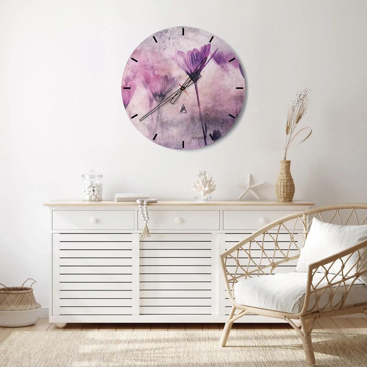 Wanduhr - Glasuhr - Zarte lila Blüten auf pastellfarbenem Hintergrund - 30x30cm - Ein Blumentraum - Moderne Wanddekoration für Wohnzimmer, Küche und Schlafzimmer ARTTOR