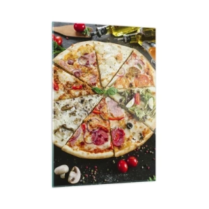 Glasbild - Bild auf glas - Pizza in verschiedenen Geschmacksrichtungen mit Belag auf dunklem Hintergrund - 50x70cm - Eine Reihe von Geschmacksrichtungen - Moderne Wanddekoration für Wohnzimmer und Schlafzimmer ARTTOR