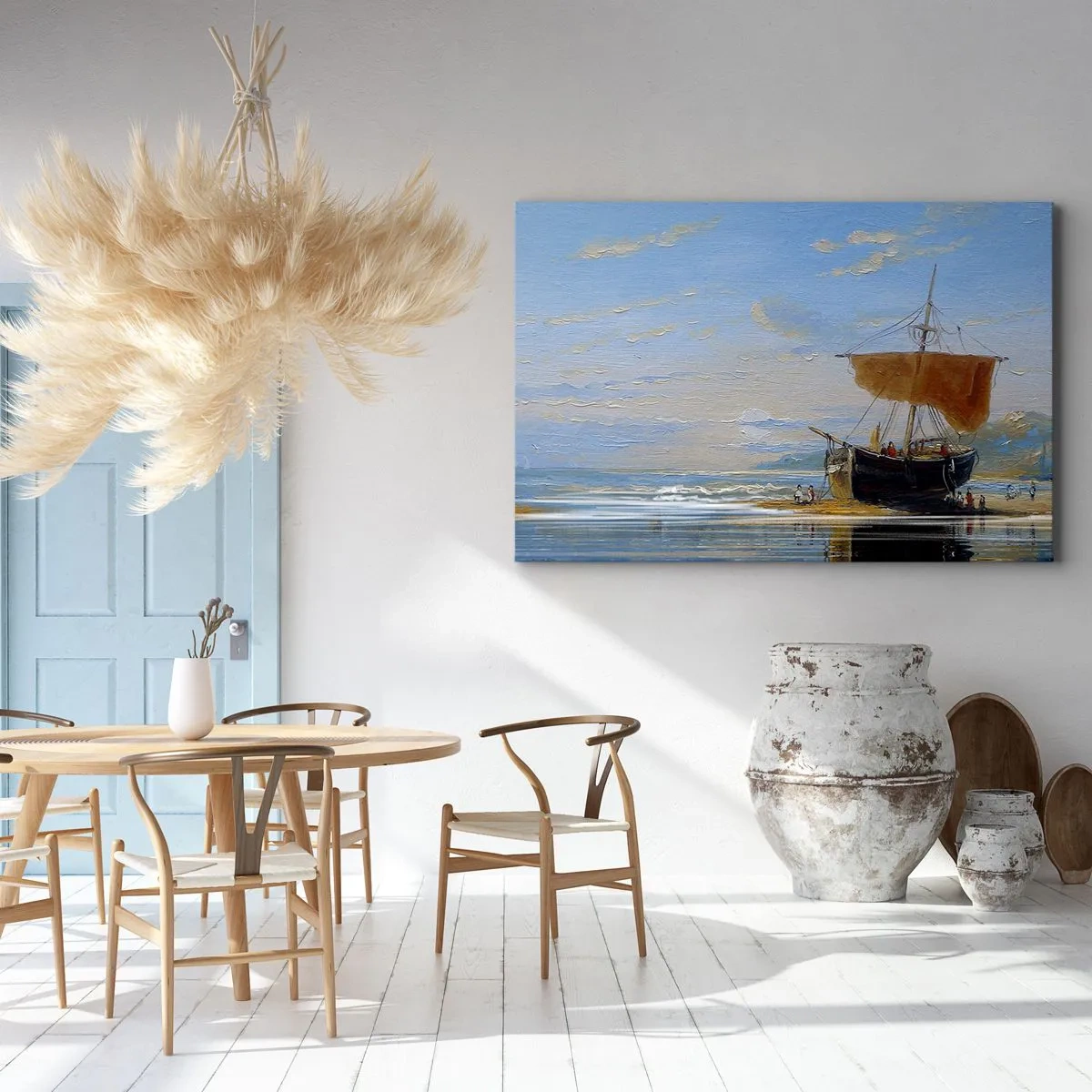 Bild auf Leinwand - Leinwandbild - Ein Schiff an der Küste an einem sonnigen Tag - 70x50cm - Wasser, Land, Luft - Moderne Wanddekoration für Wohnzimmer und Schlafzimmer ARTTOR