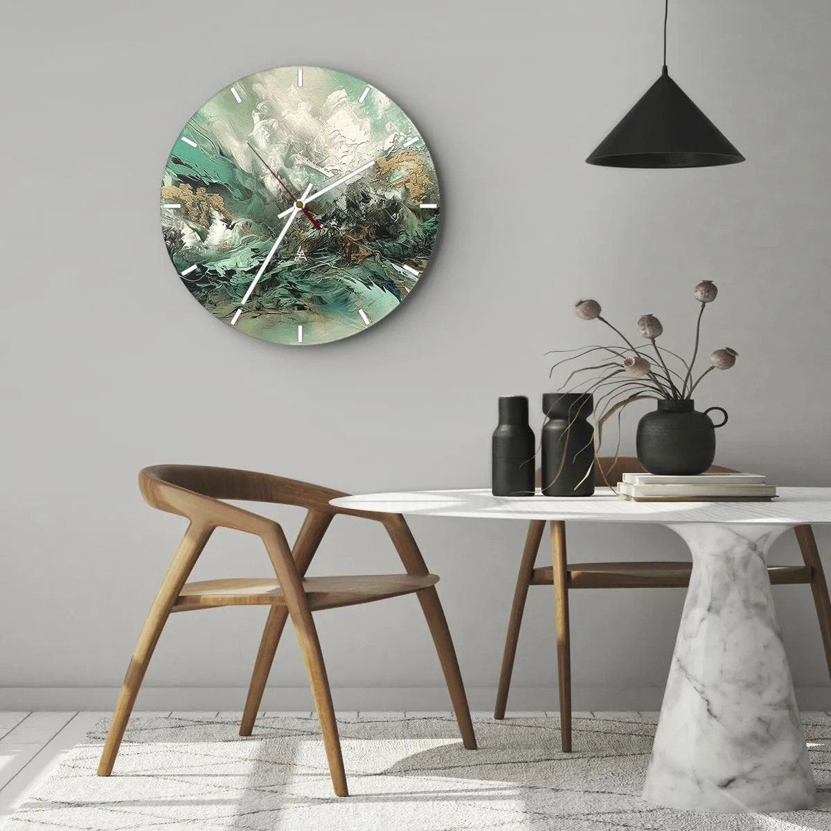 Wanduhr - Glasuhr - Smaragdgrüne und schwarze Brandung - 40x40 cm