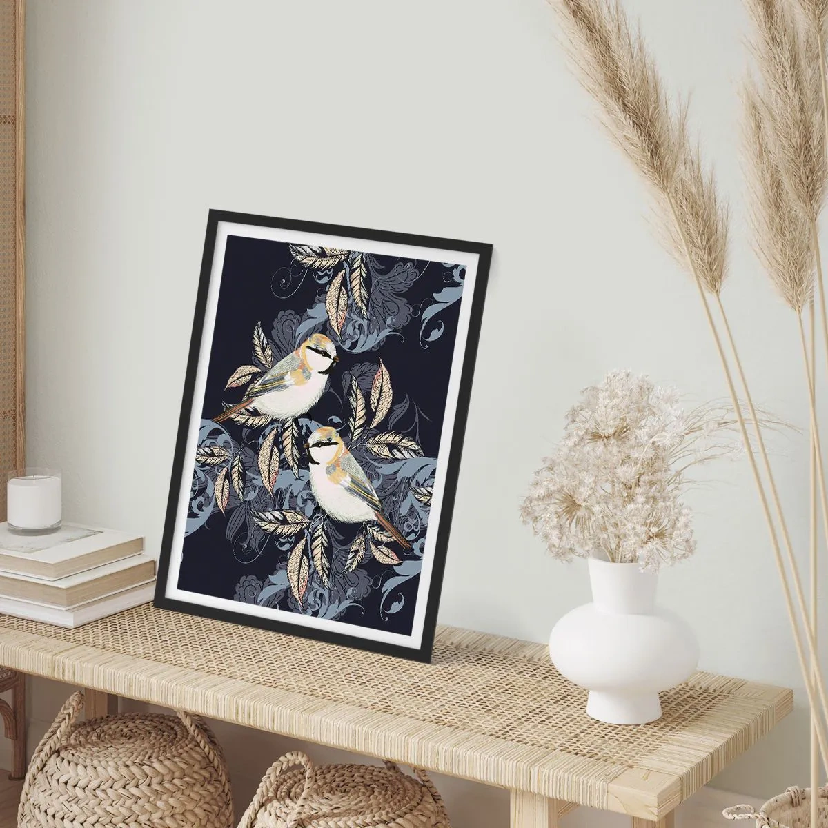 Poster in einem schwarzem Rahmen - Zwei Vögel vor einem Hintergrund aus dekorativen Blättern und Ornamenten - 50x70cm - Gelb-blauer Triller - Moderne Wanddekoration für Wohnzimmer und Schlafzimmer ARTTOR