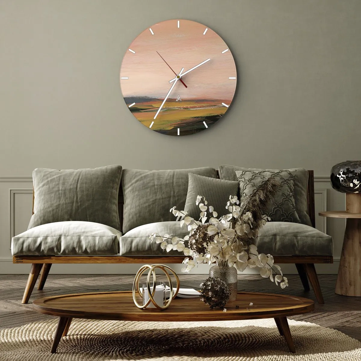 Wanduhr - Glasuhr - Eine Landschaft in Rosa-, Orange- und Grüntönen - 30x30cm - In Rosatönen - Moderne Wanddekoration für Wohnzimmer, Küche und Schlafzimmer ARTTOR