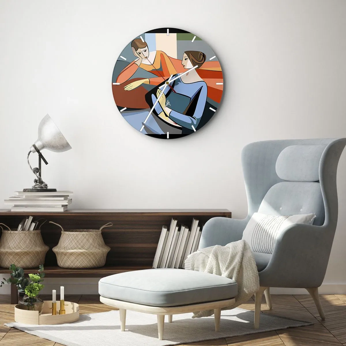 Wanduhr - Glasuhr - Zwei Frauen im geometrischen Stil auf buntem Hintergrund - 30x30cm - Moment der Zuversicht - Moderne Wanddekoration für Wohnzimmer, Küche und Schlafzimmer ARTTOR