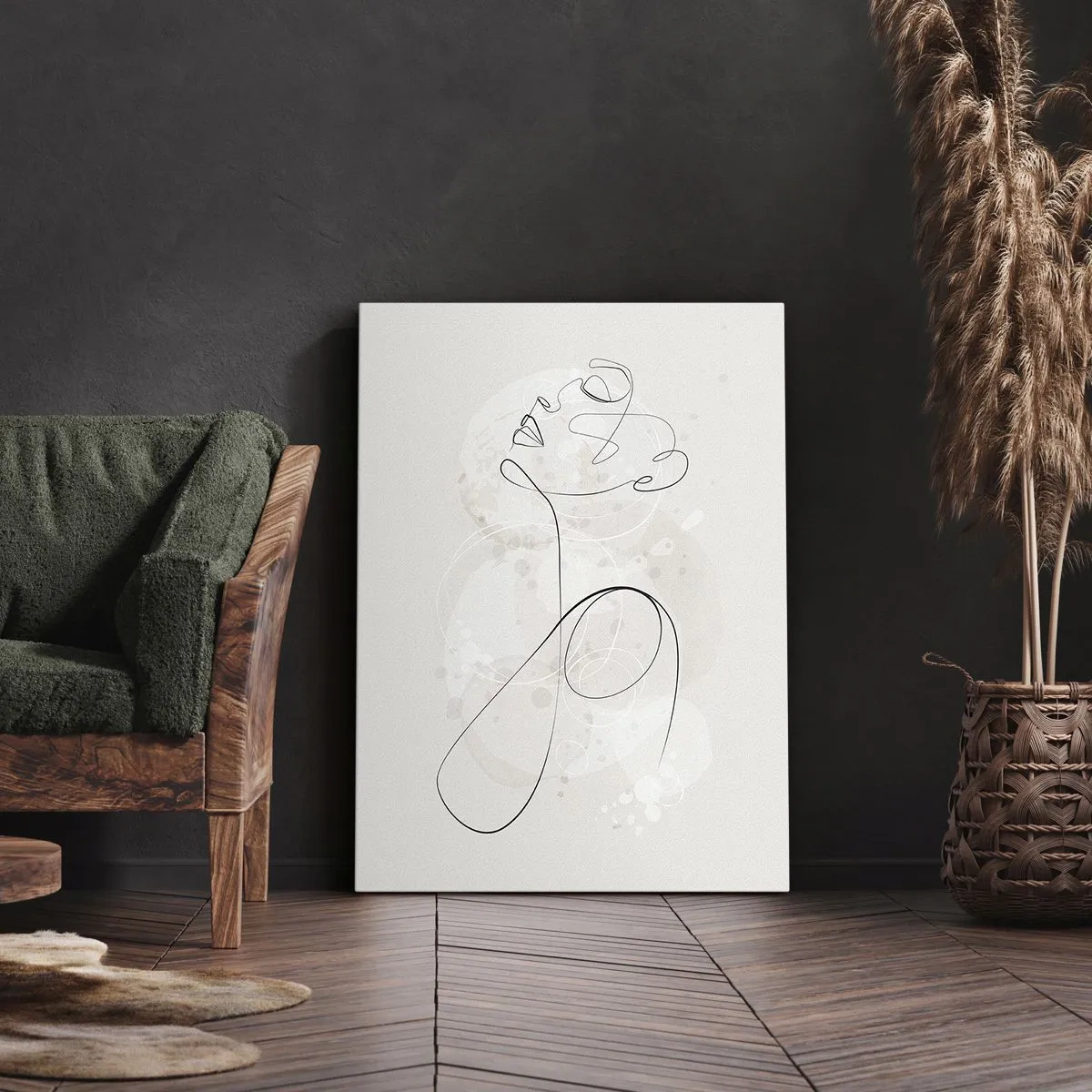 Bild auf Leinwand - Leinwandbild - Minimalistische Gesichtskontur mit einer Blume auf hellem Hintergrund - 50x70cm - Die Spirale der Schönheit - Moderne Wanddekoration für Wohnzimmer und Schlafzimmer ARTTOR
