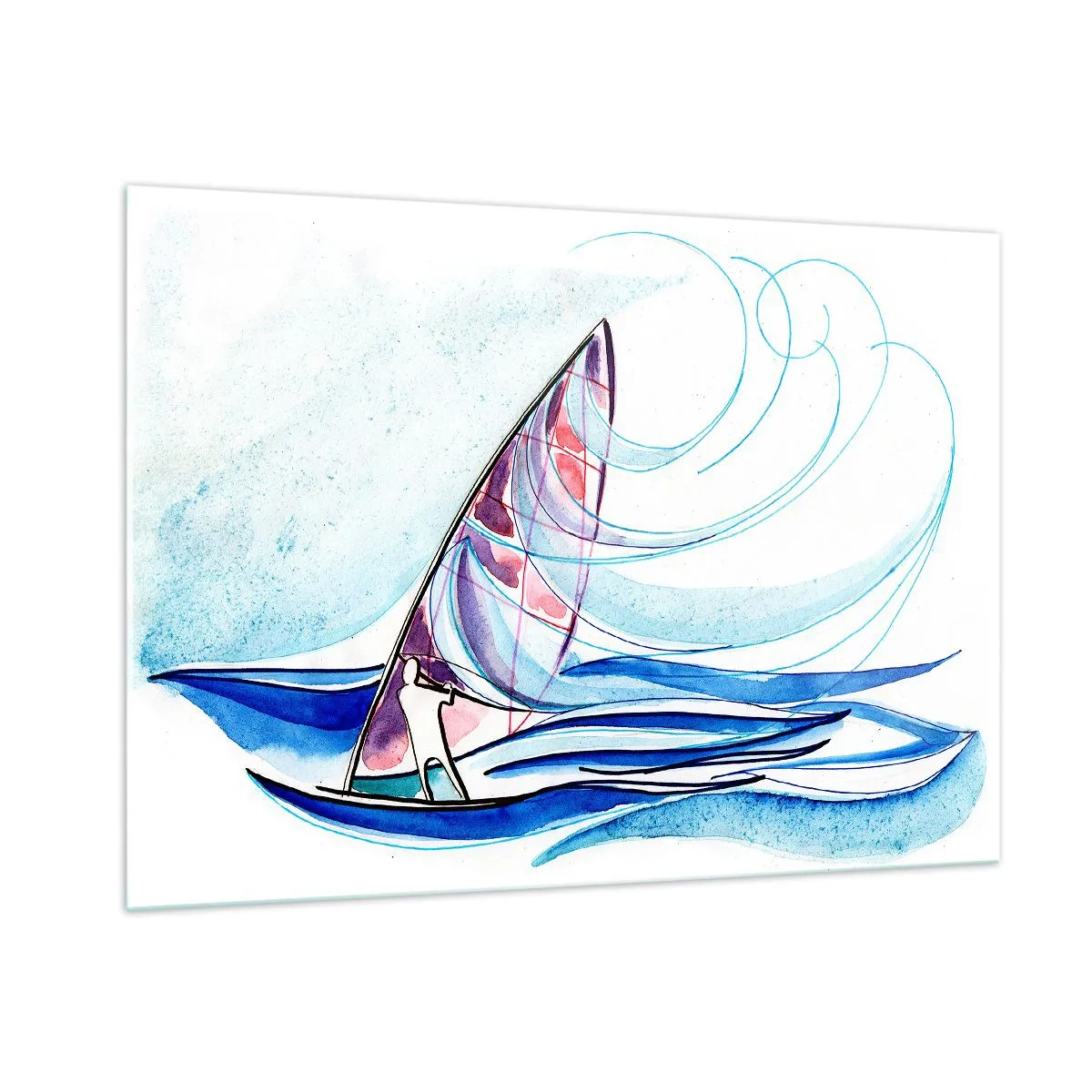Glasbild - Bild auf glas - Ein Segelboot auf den Wellen im Aquarellstil - 100x70cm - Mit dem Wind im Rhythmus der Wellen - Moderne Wanddekoration für Wohnzimmer und Schlafzimmer ARTTOR