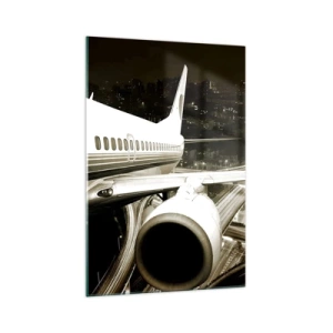 Glasbild - Bild auf glas - Ein Flugzeug über einer nächtlichen Stadt mit beleuchteten Autobahnen - 70x100cm - In die Nacht fliegen - Moderne Wanddekoration für Wohnzimmer und Schlafzimmer ARTTOR