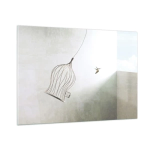 Glasbild - Bild auf glas - Ein offener Käfig und ein Kolibri, der bei Tageslicht davonfliegt - 100x70cm - In seinem Element - Moderne Wanddekoration für Wohnzimmer und Schlafzimmer ARTTOR