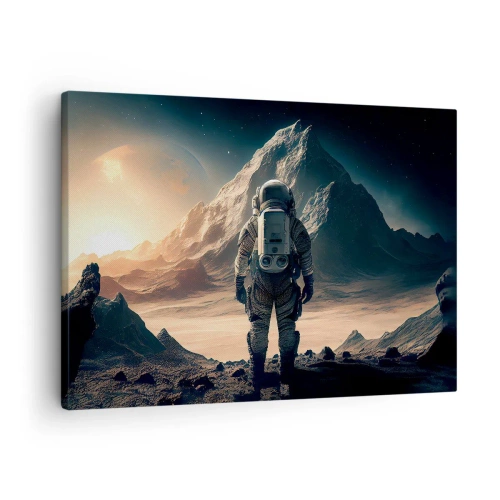 Bild auf Leinwand - Leinwandbild - Astronaut vor der Kulisse majestätischer Berge - 70x50cm - Neue Herausforderung - Moderne Wanddekoration für Wohnzimmer und Schlafzimmer ARTTOR