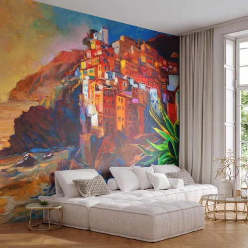 Fototapete Premium Sand - Eine malerische Küstenstadt in intensiven Farben - 100x70cm - Italienische Atmosphäre - Moderne Wanddekoration für Wohnzimmer und Schlafzimmer ARTTOR