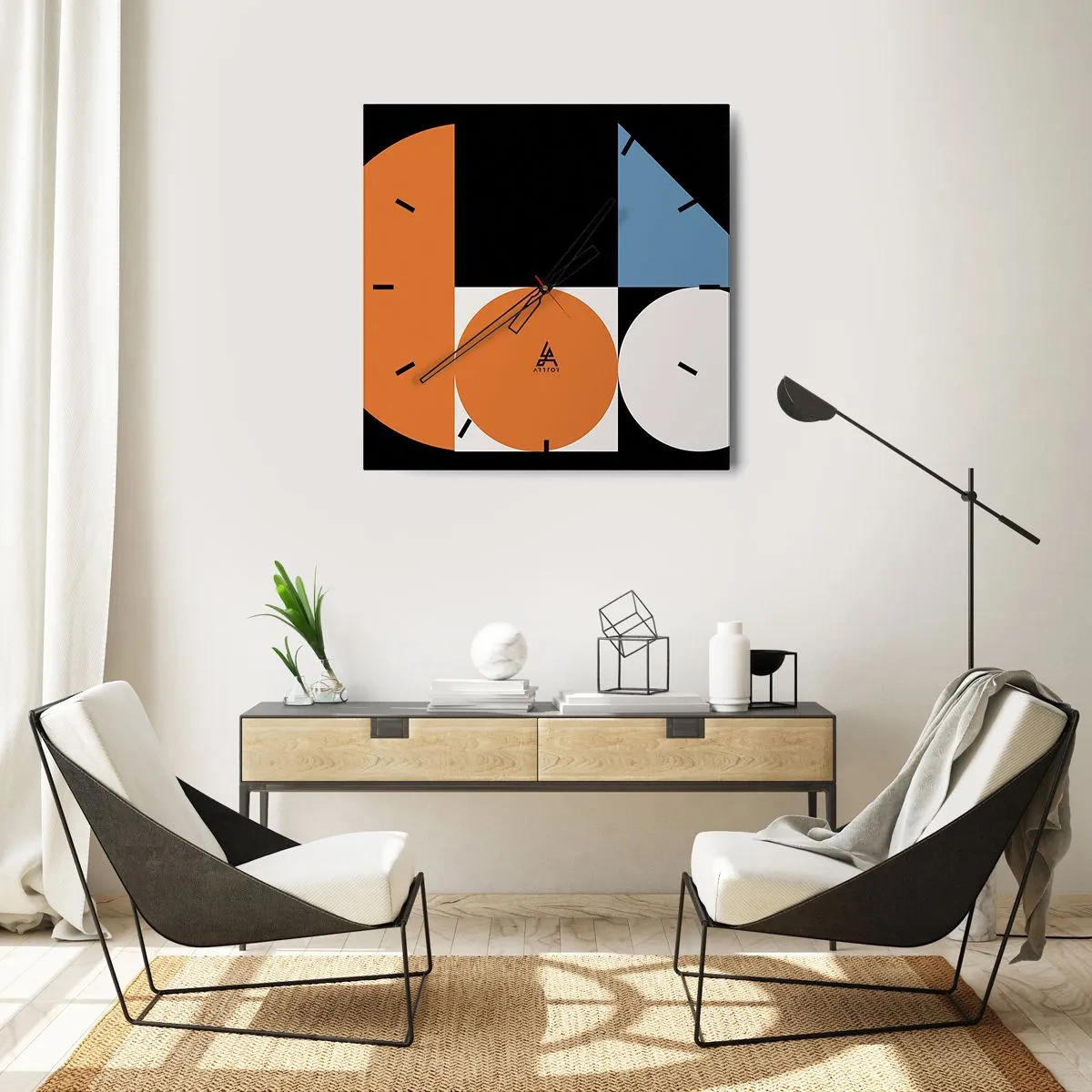 Wanduhr - Glasuhr - Geometrisches Muster mit bunten Formen auf schwarzem Hintergrund - 30x30cm - Bebilderte Anordnung - Moderne Wanddekoration für Wohnzimmer und Schlafzimmer ARTTOR