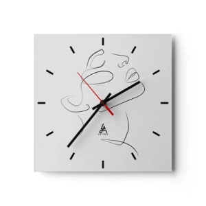 Wanduhr - Glasuhr - Eine minimalistische Skizze des Gesichts einer Frau im Profil. - 30x30cm - Die Drehungen und Wendungen der Träume - Moderne Wanddekoration für Wohnzimmer und Schlafzimmer ARTTOR